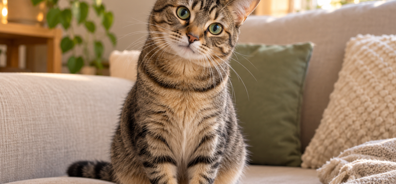 Tabby cat sitting on a sofa watching its owner