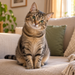 Tabby cat sitting on a sofa watching its owner