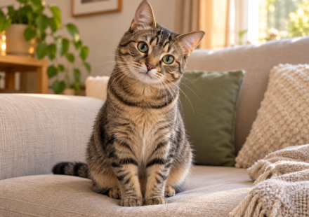 Tabby cat sitting on a sofa watching its owner