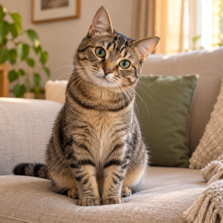 Tabby cat sitting on a sofa watching its owner