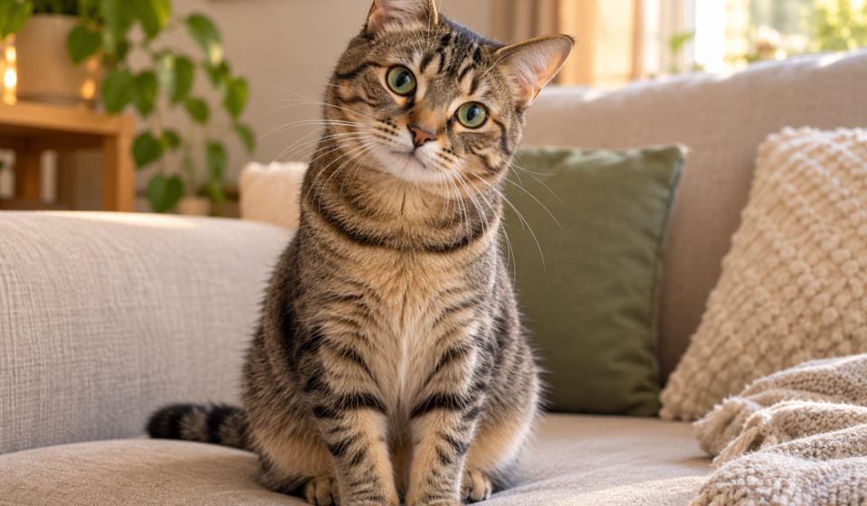 Tabby cat sitting on a sofa watching its owner