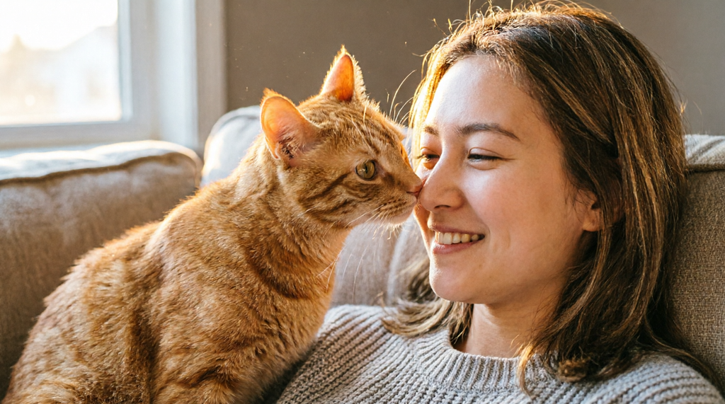 Orange tabby cat head bunting against owner's cheek