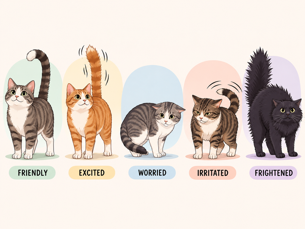 Illustration of five cat tail positions and what each mood means