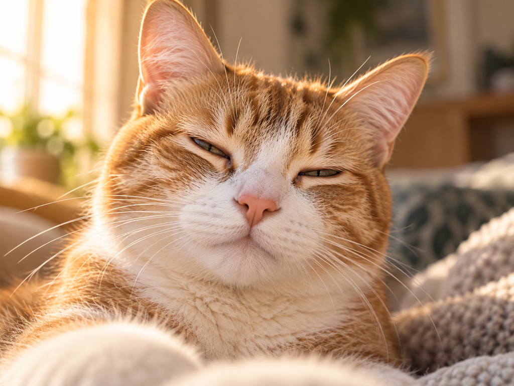 Relaxed cat slow blinking at its owner