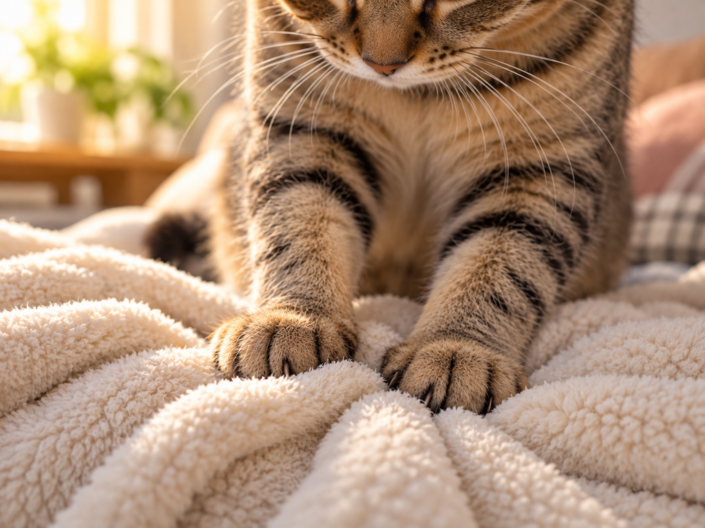 Cat kneading a soft blanket with its paws
