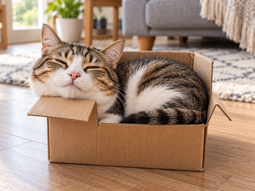 Content cat sitting inside a small cardboard box